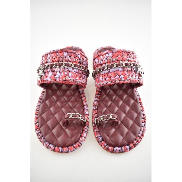 Chanel 20S Red Purple Raffia Tweed CC Chain Logo Mule Slide Strap Flat Sandal 37 - Picture 5 of 12